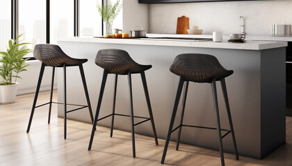 Wall Mural - Three black wooden bar stools with a modern design in a minimalist kitchen with a large window in the background