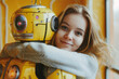 Attractive girl hugs a robot. Relationship between artificial cyborg and real girl