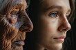 Concept of aging and skin care. Face of young woman and an old woman with wrinkles. Generative AI