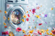 Washing machine with flowers flying around. Cleanliness and freshness concept