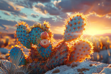 A close-up of a prickly pear, its flat pads covered in tiny spines, with a breathtaking sunrise illuminating the desert landscape behind.