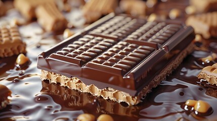 waffle chocolate bar with caramel, Dark chocolate coated on Crispy wafer, with Clipping path 3d illustration.
