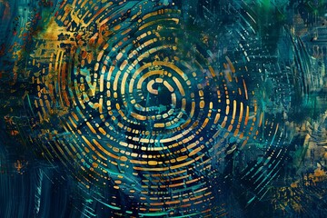 Poster - A digital representation of a finger print in shades of blue and gold, creating an abstract and intricate pattern. Generative AI