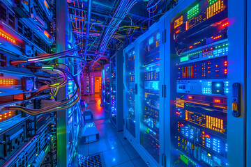 Poster - In a bustling data center, fiber optic cables and high-tech equipment glow in a vibrant, pulsating blue light. 