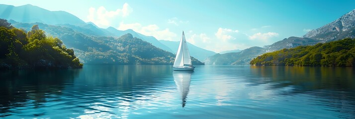 Wall Mural - landscape of white sailboat in lake with blue water and people sport action realistic nature and landscape