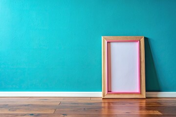 Wall Mural - Wooden frame on the floor in a room with turquoise wall