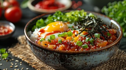 Sticker - culinary art, delicious bibimbap bowl with vibrant colors, topped with fresh greens and crispy seaweed, a delightful korean dish