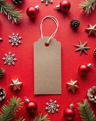 Canvas Print - Christmas gift tag on red background. Top view, flat lay.