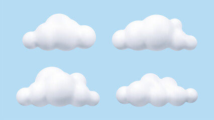 Aufkleber - 3D white cloud set, in the blue sky. Cartoon cute clouds in bubble shape. Plasticine 3d weather icons, render style. Trendy fluffy clouds. Vector illustration.