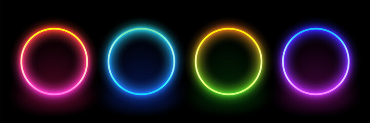 Poster - Neon circle frame. Illuminate frame design. Set of round neon border. Futuristic graphic element for social media stories. Glowing neon lighting on dark background. Blue, pink, purple, violet. Vector