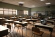 © juliars - Sunlight filters into an empty classroom equipped with retro tvs on desks