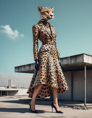 Jaguar Fashion Model. A jaguar dressed like a woman fashion model is standing on a rooftop. She is wearing a long leopard print coat and black high heels. The background is a blue sky with clouds.