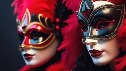 two mysterious Venetian mask on a black background red golden white black colors masquerade