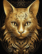 Cat of painted in gold on a black background, gold.	