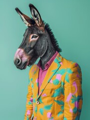 Wall Mural - Abstract funny animal portrait of a donkey dressed as a man, a businessman, standing and posing as a model on a vintage background. Modern clothes