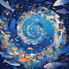 Wall Mural - Amazing Underwater World with Swirling School of Colorful Fish