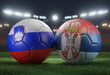 Two soccer balls in flags colors on a stadium blurred background. Group C. Slovenia and Serbia. 3D image.