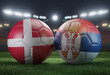 Two soccer balls in flags colors on a stadium blurred background. Group C. Denmark and Serbia. 3D image.