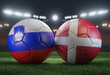 Two soccer balls in flags colors on a stadium blurred background. Group C. Slovenia and Denmark. 3D image.