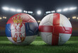 Two soccer balls in flags colors on a stadium blurred background. Group C. Serbia and England. 3D image.