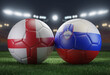 Two soccer balls in flags colors on a stadium blurred background. Group C. England and Slovenia. 3D image.