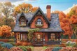 A quaint brick house surrounded by trees and grass, blending into the natural landscape of the autumn forest. A picturesque scene of art in nature. High quality 3d illustration