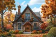 A quaint brick house surrounded by trees and grass, blending into the natural landscape of the autumn forest. A picturesque scene of art in nature. High quality 3d illustration