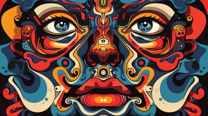 Poster - A colorful painting of a face with many eyes and mouths, AI