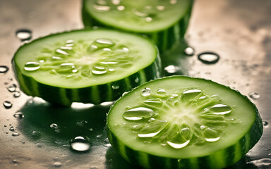 Wall Mural - Sliced cucumber with water droplets, arranged artistically on glass, bright light