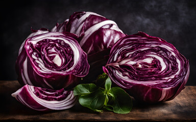 Wall Mural - Whole and sliced radicchio, vivid purple against a dark, moody background