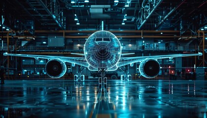 Wall Mural - Show a digital twin of an airplane being used in a control room to simulate flight conditions and maintenance needs