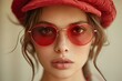 Close-up portrait of a young woman wearing red heart-shaped sunglasses and a red hat


