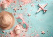 Flat lay of summer accessories on a pastel background, sunglasses, hat, ice cream, starfish, toy airplane

