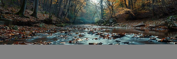 Wall Mural - Leaf covered river in the woods at Petit Jean realistic nature and landscape