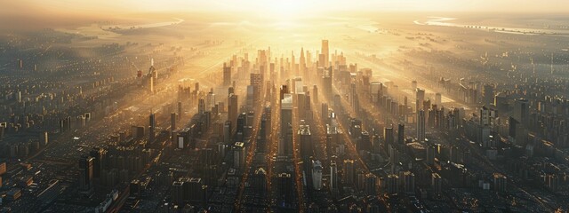 Canvas Print - A stunning aerial view captures the striking contrast between vast open spaces and dense high-rise structures in the gentle evening glow.