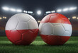 Two soccer balls in flags colors on a stadium blurred background. Group D. Poland and Austria. 3D image.