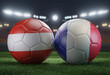 Two soccer balls in flags colors on a stadium blurred background. Group D. Austria and France. 3D image.