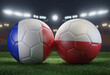 Two soccer balls in flags colors on a stadium blurred background. Group D. France and Poland. 3D image.