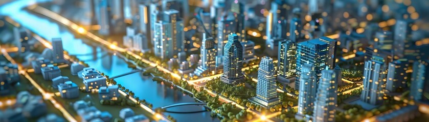 A real estate developer using AI to analyze and predict market trends, with digital maps and 3D city models on interactive displays