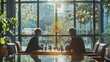 © ZeNDaY - A serene setting of a strategy retreat where top executives ponder over chess pieces on a board, planning their next move in investor relations