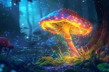 Wall Mural - whimsical neon mushroom glowing in an enchanted digital forest fantasy concept illustration