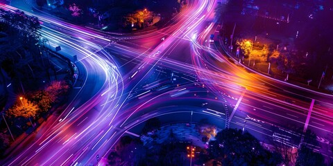 Wall Mural - Nighttime aerial view of a bustling urban expressway interchange. Concept Urban Landscape, Aerial Photography, City Lights, Busy Interchange, Night Photography