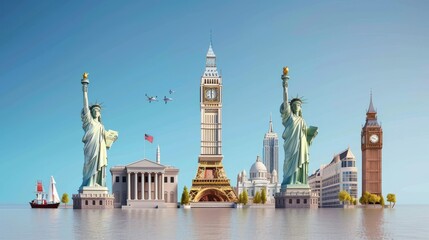 Wall Mural - World famous landmarks grouped together and blue sky