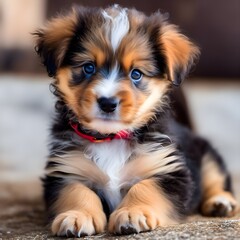 Wall Mural - there is a small puppy with blue eyes laying on the carpet