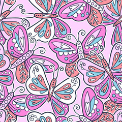 Wall Mural - Abstract seamless pastel pattern for girls with colorful butterfly. Fashion illustration in modern style. Girlish print on pink background