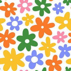 Wall Mural - Colorful flower seamless pattern illustration. Children style floral doodle background, funny basic nature shapes wallpaper.