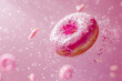 pink frosted donut with flying sprinkles on soft pink background