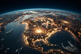 Fototapeta Tęcza - Illuminated network lines and glowing nodes overlaying North America on a globe at night