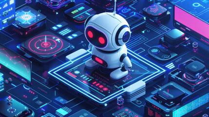Wall Mural - Robot futuristic background. Machine in neon cyberspace, future technology. Artificial intelligence in digital space, virtual glowing interface innovation.