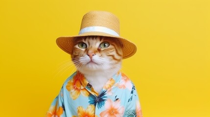 A cat wearing a straw hat and a hawaiian shirt is looking at the camera with a serious expression.